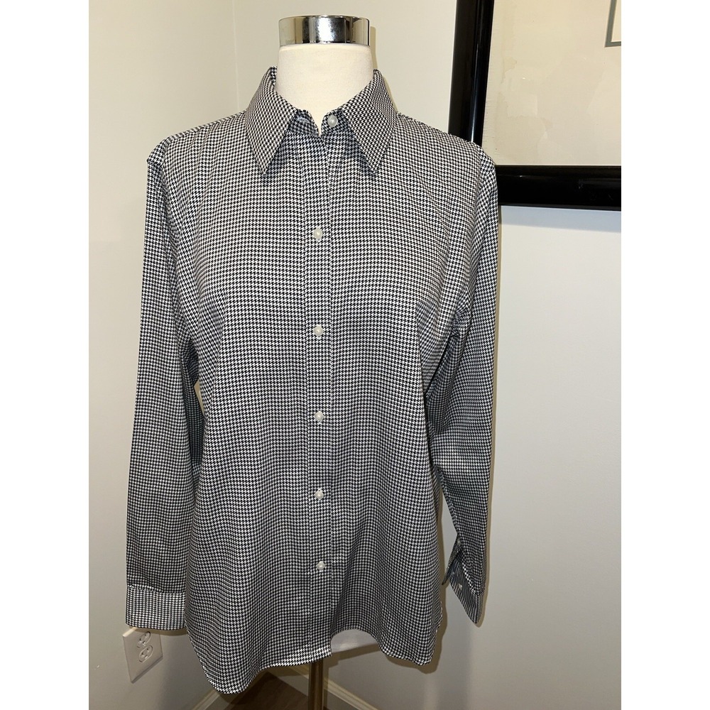 CHAPS Long Sleeve No-Iron Blouse Shirt Top Plus Size L Houndstooth, NWOT